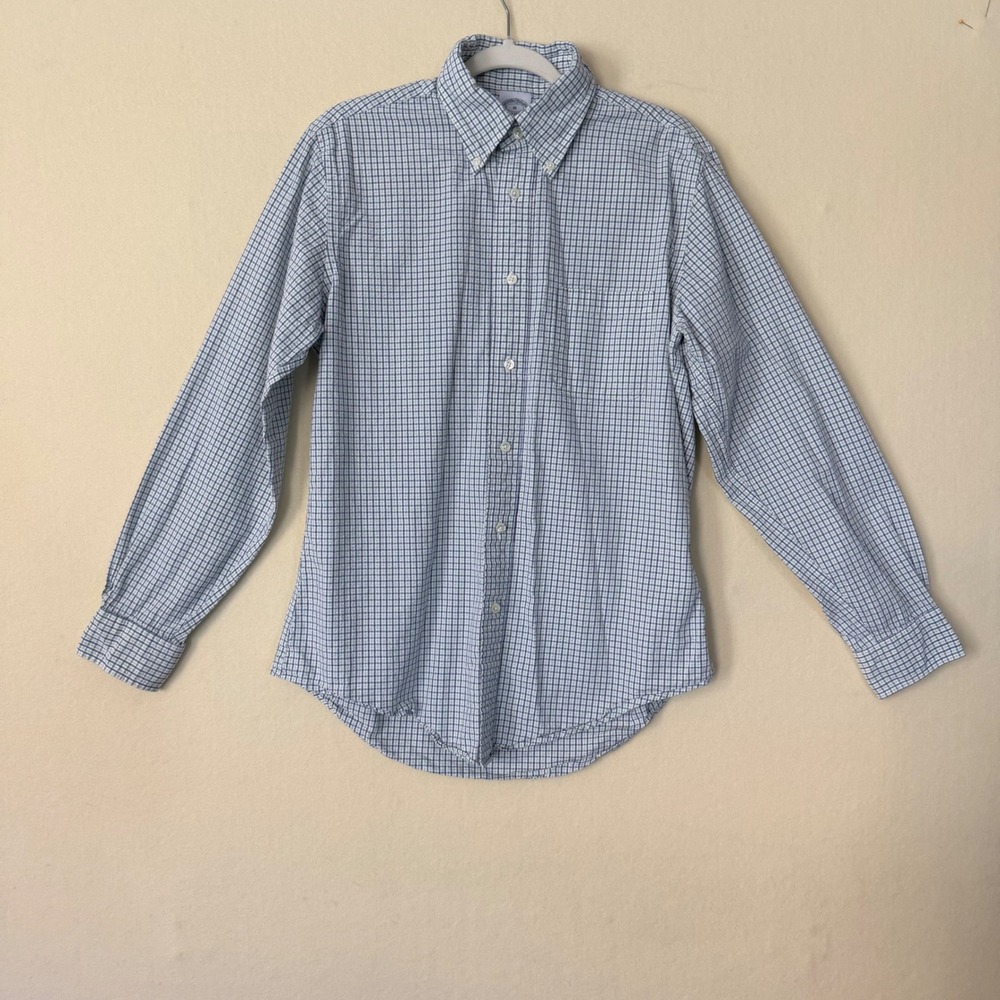 Brooks Brothers Regent Seersucker Shirt Mens Medium Blue Green Check Cotton L/S